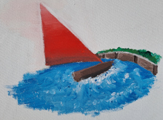 Painting of sailing boat on a windy river